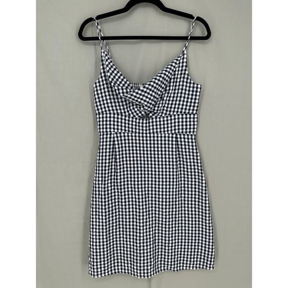 Loft Dress Womens 6 Navy Blue Plaid Mini Gingham Cowl Neck Cutout Boho Cottage - Picture 5 of 7